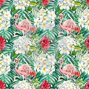 Pink flamingo and palm leaves, plumeria flowers, hibiscus. Watercolor Jungle design. Tropical seamless pattern