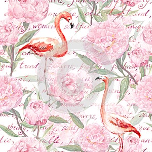 Pink flamingo, peony flowers, hand written text. Seamless pattern. Watercolor