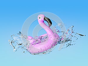 Pink Flamingo Pool Float Splashing in Water Against Blue Background