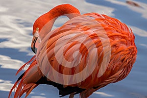 Pink flamingo preening its feathers on the pond