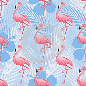 Pink flamingo seamless pattern with blue palm branches and hibiscus flowers background