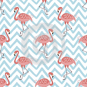 Pink flamingo seamless pattern on gblue zig zag background Tropical cute print Summer geometric graphic design
