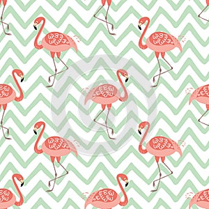 Pink flamingo seamless pattern on green szig zag background Tropical cute print Summer hawaii exotic design Vector