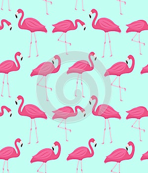 Pink flamingo seamless pattern. Summer tropical endless background, repeating texture. Vector illustration.