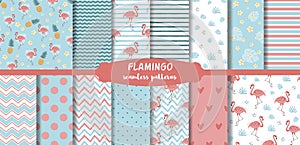 Pink Flamingo seamless patterns set Cute summer tropical background. Geometric pink blue print collection. Vector.