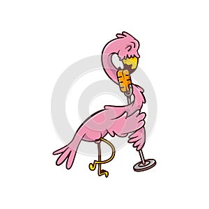 Pink flamingo singing song with retro microphone. Humanized tropical bird. Exotic creature. Cartoon vector icon