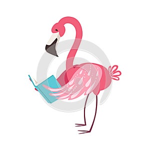 Pink Flamingo Smiling Bookworm Zoo Character Wearing Glasses And Reading A Book Cartoon Illustration Part Of Animals In