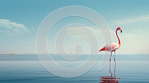 A pink flamingo standing alone in a blue lake water