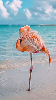 Pink flamingo standing on beach