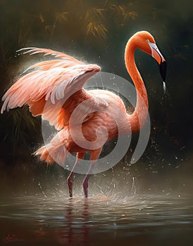 a pink flamingo standing in a body of water with its wings spread out and it\'s head in the water with its wings spread