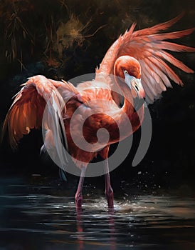 a pink flamingo standing in a body of water with its wings spread out and it\'s head in the water with its wings spread