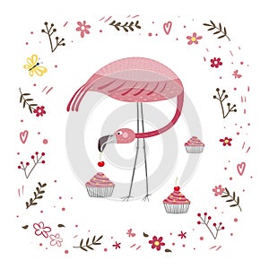 Pink flamingo is standing isolated on a white background. Flamingo is eating a cake. Frame from plants and flowers.