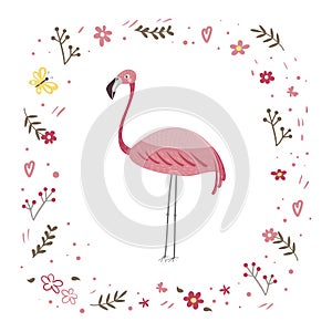 Pink flamingo is standing isolated on a white background. Frame from plants and flowers.