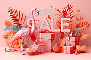 A pink flamingo standing beside a pile of presents in a summer setting with SALE typography