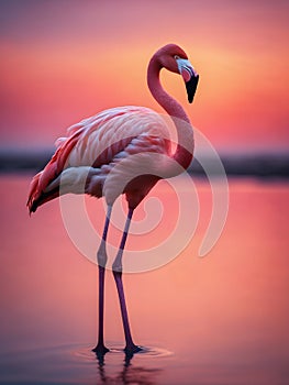 A pink flamingo standing in the water at sunset time.
