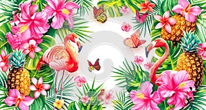 A pink flamingo stands in front of a tropical flower garden. Summer tropical frame. Summer time and travel concept