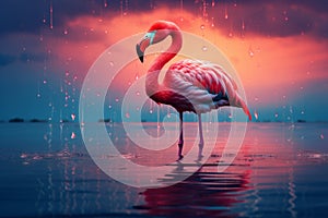 A pink flamingo stands in the water at sunset in the rain. Pink flamingo on the lake at sunset