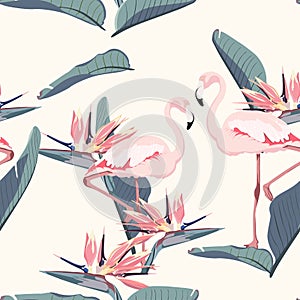 Pink flamingo, strelitzia leaves and flowers, light yellow background. Floral seamless pattern. Tropical illustration.