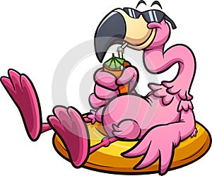 Pink flamingo with sunglasses resting on a lifesaver and having a tropical drink