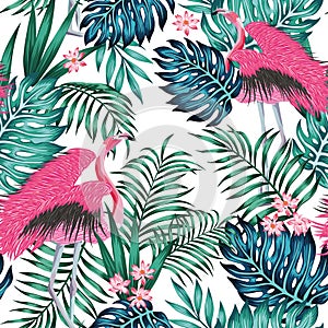 Pink flamingo tropical blue green leaves red lotus flowers seamless white background