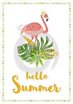Pink flamingo Tropical leaves bouquet. Hello Summer text for flamingo party invitation Vector