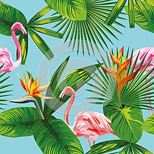 pink flamingo tropical leaves and flowers seamless blue background