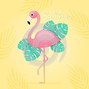 Pink flamingo with Tropical Leaves in hello summer concept,Vector and Illustration