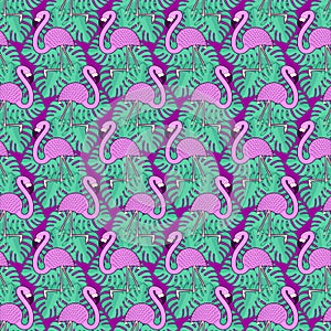 Pink flamingo and tropical leaves pattern seamless. water bird with pale pink plumage background. Ornament of kids fabric