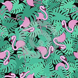 Pink flamingo and tropical leaves pattern seamless. water bird with pale pink plumage background. Ornament of kids fabric