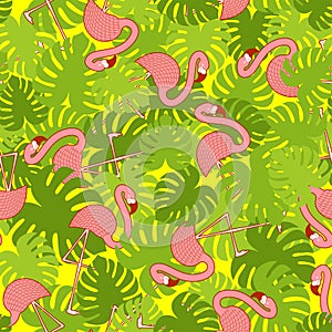 Pink flamingo and tropical leaves pattern seamless. water bird with pale pink plumage background. Ornament of kids fabric