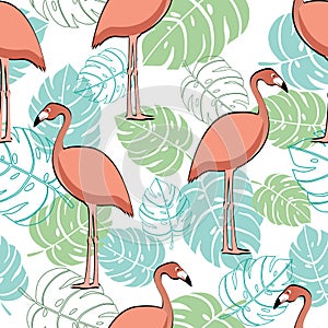 Pink flamingo and tropical leaves trendy seamless pattern