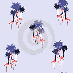 Pink flamingo, violet background. Floral seamless pattern.