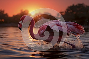Pink flamingo wading in a shallow ocean at sunset, AI-generated.