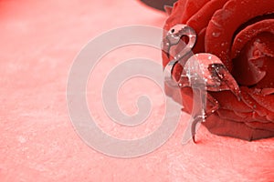 Pink flamingo walking on the blue salt lake, the concept of romance delicate background of love with space for text