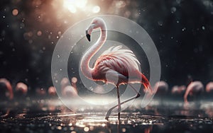 pink flamingo Walking on the pond blurry forest background