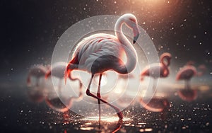 pink flamingo Walking on the pond blurry forest background