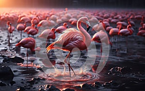 pink flamingo Walking on the pond blurry forest background