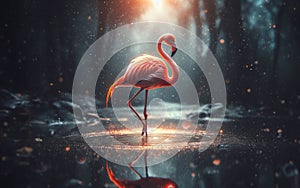 pink flamingo Walking on the pond blurry forest background