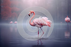 Pink flamingo walking on water