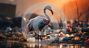 Pink flamingo in the water among plastic bottles and garbage. concept: birds and pollution of nature and water bodies