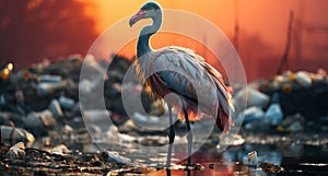 Pink flamingo in the water among plastic bottles and garbage. concept: birds and pollution of nature and water bodies
