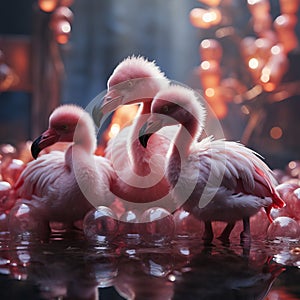 Pink flamingo in the water among plastic bottles and garbage. concept: birds and pollution of nature and water bodies