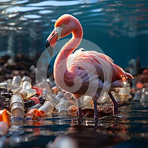 Pink flamingo in the water among plastic bottles and garbage. concept: birds and pollution of nature and water bodies