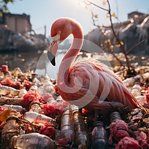 Pink flamingo in the water among plastic bottles and garbage. concept: birds and pollution of nature and water bodies