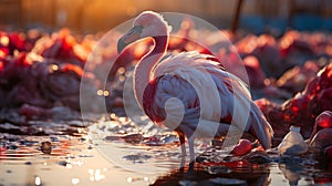 Pink flamingo in the water among plastic bottles and garbage. concept: birds and pollution of nature and water bodies