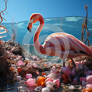 Pink flamingo in the water among plastic bottles and garbage. concept: birds and pollution of nature and water bodies