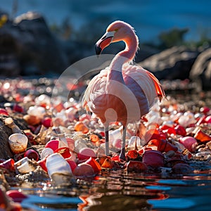 Pink flamingo in the water among plastic bottles and garbage. concept: birds and pollution of nature and water bodies