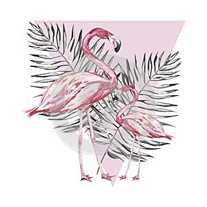 Pink flamingo watercolor illustration isolated on white background. Hand drawn sketch with palm leaf.