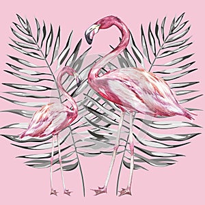 Pink flamingo watercolor illustration isolated on white background. Hand drawn sketch with palm leaf.