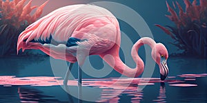 Pink Flamingo. Wildlife animal scene from nature. Flamingo in nature habitat. Beautiful water bird. Ai Generative